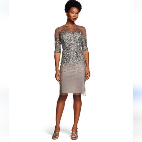 Adrianna Papell Dresses & Skirts - NEW Adrianna Papell Illusion Sheath Lead/Silver/Gray Sequined Dress Sz 8